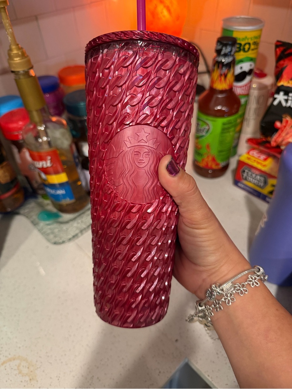 Starbucks Textured Magenta Cold Cup with Matching Lid and Straw